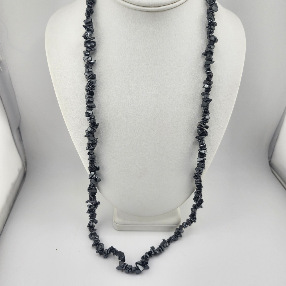 Hematite Look Chip Stone Necklace Long Strand Fashion Jewelry
